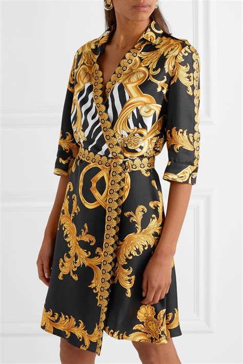 versace native american silk twill shirt dress gold multi|VERSACE Printed silk.